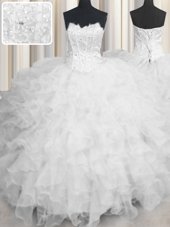 Scalloped Sleeveless Quinceanera Dresses Floor Length Beading and Ruffles White Organza