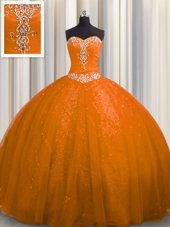 Glamorous Sequined Rust Red Sleeveless Court Train Beading and Appliques With Train Vestidos de Quinceanera
