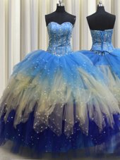 Visible Boning Multi-color Sweetheart Neckline Beading and Ruffles and Sequins 15th Birthday Dress Sleeveless Lace Up
