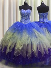 Three Piece Visible Boning Multi-color Ball Gowns Sweetheart Sleeveless Tulle Floor Length Lace Up Beading Quinceanera Gown