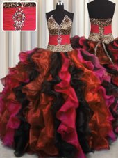 Adorable Leopard V Neck Multi-color Sleeveless Floor Length Beading and Ruffles Lace Up 15th Birthday Dress