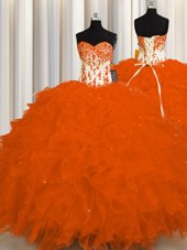 Gorgeous Orange Red Organza Lace Up Sweetheart Sleeveless Floor Length 15th Birthday Dress Appliques and Ruffles