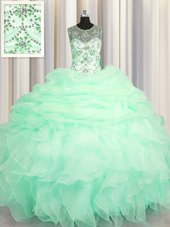 Simple See Through Scoop Sleeveless Vestidos de Quinceanera Floor Length Beading and Ruffles and Pick Ups Apple Green Organza