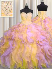 Sweetheart Sleeveless 15th Birthday Dress Floor Length Beading and Appliques and Ruffles Multi-color Organza