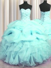 Gorgeous Big Puffy Ball Gowns Quinceanera Dresses Baby Blue Sweetheart Organza Sleeveless Floor Length Zipper