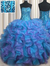 Spectacular Visible Boning Bling-bling Strapless Sleeveless Quinceanera Gown Floor Length Beading and Ruffles Multi-color Organza