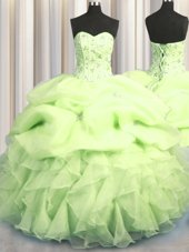 Cute Visible Boning Yellow Green Sleeveless Floor Length Beading and Ruffles and Pick Ups Lace Up Quince Ball Gowns