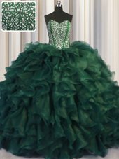 Bling-bling Sweetheart Sleeveless Organza Vestidos de Quinceanera Beading and Ruffles Brush Train Lace Up