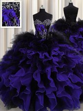 Beauteous Black And Purple Ball Gowns Organza and Tulle Sweetheart Sleeveless Beading and Ruffles Floor Length Lace Up 15th Birthday Dress
