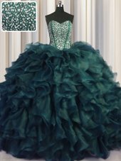 Visible Boning Bling-bling With Train Ball Gowns Sleeveless Peacock Green Sweet 16 Dress Brush Train Lace Up