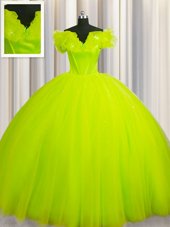 Off The Shoulder Yellow Green Short Sleeves Court Train Ruching With Train 15 Quinceanera Dress