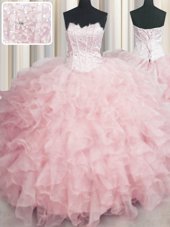 Visible Boning Scalloped Sleeveless Organza Floor Length Lace Up Sweet 16 Dresses in Baby Pink for with Beading and Ruffles