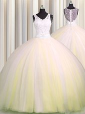 Zipple Up Brush Train V Neck Light Yellow Sleeveless Beading and Appliques Zipper Quince Ball Gowns