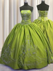 Popular Floor Length Lace Up Sweet 16 Dress Olive Green and In for Military Ball and Sweet 16 and Quinceanera with Beading and Embroidery