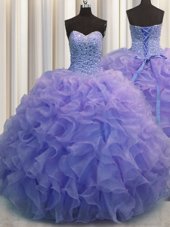 Visible Boning Floor Length Lace Up 15 Quinceanera Dress Aqua Blue and In for Military Ball and Sweet 16 and Quinceanera with Beading and Ruffles