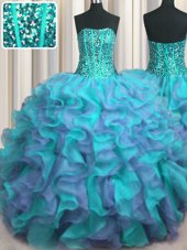 Enchanting Visible Boning Beaded Bodice Multi-color Ball Gowns Organza Strapless Sleeveless Beading and Ruffles Floor Length Lace Up 15 Quinceanera Dress