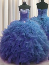 Luxury Visible Boning Lilac Ball Gowns Tulle Sweetheart Sleeveless Beading and Appliques and Ruffles Floor Length Lace Up 15 Quinceanera Dress