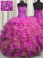 Comfortable Visible Boning Multi-color Sleeveless Beading and Ruffles and Sequins Floor Length Sweet 16 Quinceanera Dress