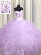 Visible Boning Lavender Ball Gowns Sweetheart Sleeveless Tulle Floor Length Lace Up Beading and Appliques and Ruffles Sweet 16 Dress