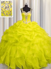 Gorgeous See Through Zipper Up Ball Gowns Quinceanera Dress Yellow Straps Organza Sleeveless Floor Length Zipper