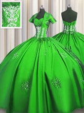 Traditional Short Sleeves Floor Length Beading and Appliques and Ruching Lace Up Quinceanera Gowns with