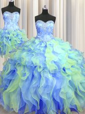 Three Piece Floor Length Multi-color Quinceanera Dress Organza Sleeveless Beading and Appliques and Ruffles