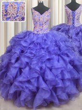 V-neck Sleeveless Lace Up Ball Gown Prom Dress Blue Organza