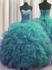 Beaded Bust Turquoise Organza Lace Up Sweetheart Sleeveless Floor Length Sweet 16 Quinceanera Dress Beading and Ruffles