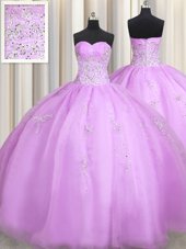 Lilac Ball Gowns Organza Sweetheart Sleeveless Beading and Appliques Floor Length Zipper Vestidos de Quinceanera