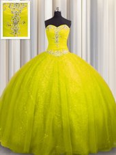 Popular Big Puffy Yellow Green Sleeveless Beading and Sequins Floor Length 15 Quinceanera Dress