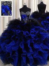 Sweetheart Sleeveless Quinceanera Gown Floor Length Beading and Ruffles Blue And Black Organza and Tulle