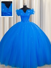 With Train Royal Blue Quinceanera Gown Off The Shoulder Short Sleeves Court Train Lace Up