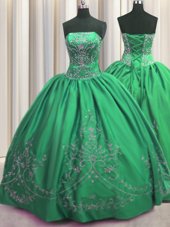 Sleeveless Floor Length Beading and Embroidery Lace Up Quinceanera Gowns with Green