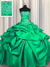 Strapless Sleeveless Taffeta Sweet 16 Dress Appliques and Pick Ups Lace Up