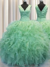 Zipper Up V-neck Sleeveless Ball Gown Prom Dress Floor Length Beading and Ruffles Green Organza