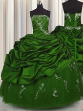 Ideal Embroidery Floor Length Lace Up Quinceanera Gowns Green and In for Military Ball and Sweet 16 and Quinceanera with Beading and Appliques and Pick Ups