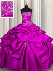 Fuchsia Ball Gowns Strapless Sleeveless Taffeta Floor Length Lace Up Appliques and Pick Ups Quinceanera Gowns