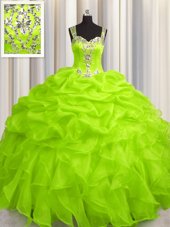 Delicate See Through Zipper Up Organza Zipper Straps Sleeveless Floor Length Quinceanera Gown Appliques and Ruffles