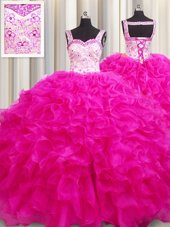 Best Selling Fuchsia Lace Up Straps Beading and Ruffles Quinceanera Gown Organza Sleeveless