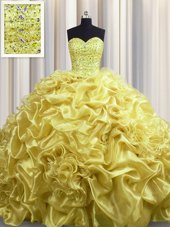 Fantastic Gold Ball Gowns Sweetheart Sleeveless Organza With Train Court Train Lace Up Beading and Pick Ups Quinceanera Gown