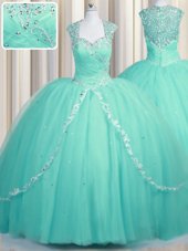 Fantastic Aqua Blue Ball Gowns Sweetheart Cap Sleeves Tulle Brush Train Zipper Beading and Appliques Quince Ball Gowns