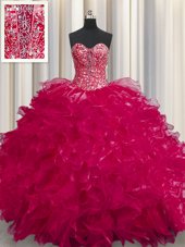 Comfortable Visible Boning Bling-bling Sweetheart Sleeveless Organza Quinceanera Gown Beading and Ruffles Brush Train Lace Up