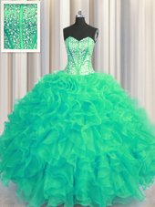 Customized Visible Boning Beaded Bodice Sweetheart Sleeveless 15th Birthday Dress Floor Length Beading and Ruffles Turquoise Organza