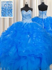 Floor Length Aqua Blue Quince Ball Gowns Sweetheart Sleeveless Lace Up