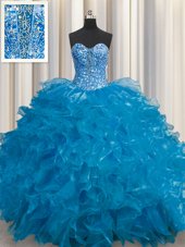 See Through Teal Organza Lace Up Sweet 16 Dresses Sleeveless Floor Length Beading and Ruffles