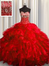 Wonderful Organza Sweetheart Sleeveless Brush Train Lace Up Beading and Ruffles Quince Ball Gowns in Red