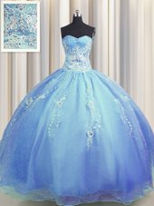 Designer Zipper Up Sweetheart Sleeveless Vestidos de Quinceanera Floor Length Beading and Appliques Blue Organza