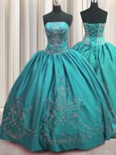 Taffeta Strapless Sleeveless Lace Up Beading and Embroidery Quinceanera Dresses in Teal