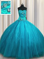 Sophisticated Sequined Floor Length Lace Up 15th Birthday Dress Teal and In with Beading and Appliques