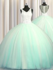 High Quality Big Puffy Zipper Up With Train Apple Green Sweet 16 Quinceanera Dress V-neck Sleeveless Brush Train Zipper
